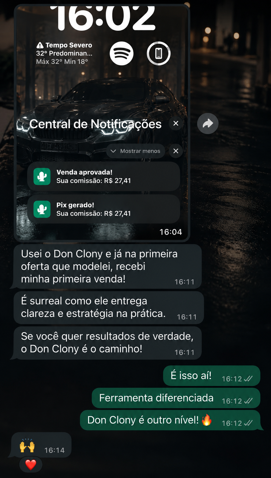 Depoimento em conversa sobre primeira venda usando DonClony